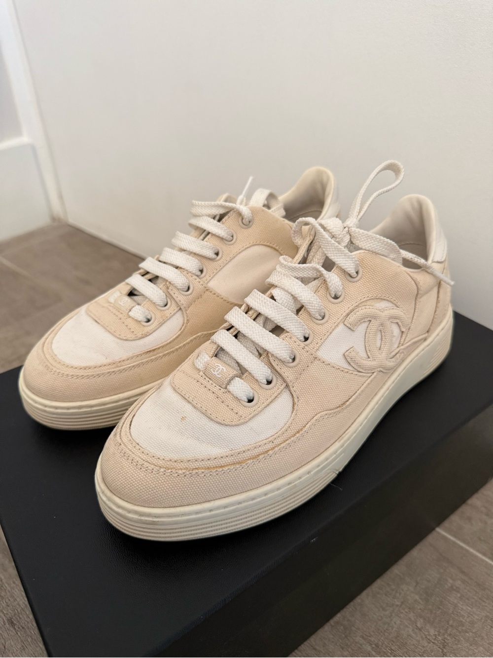CHANEL Neutral Beige Canvas Low-Top Sneakers